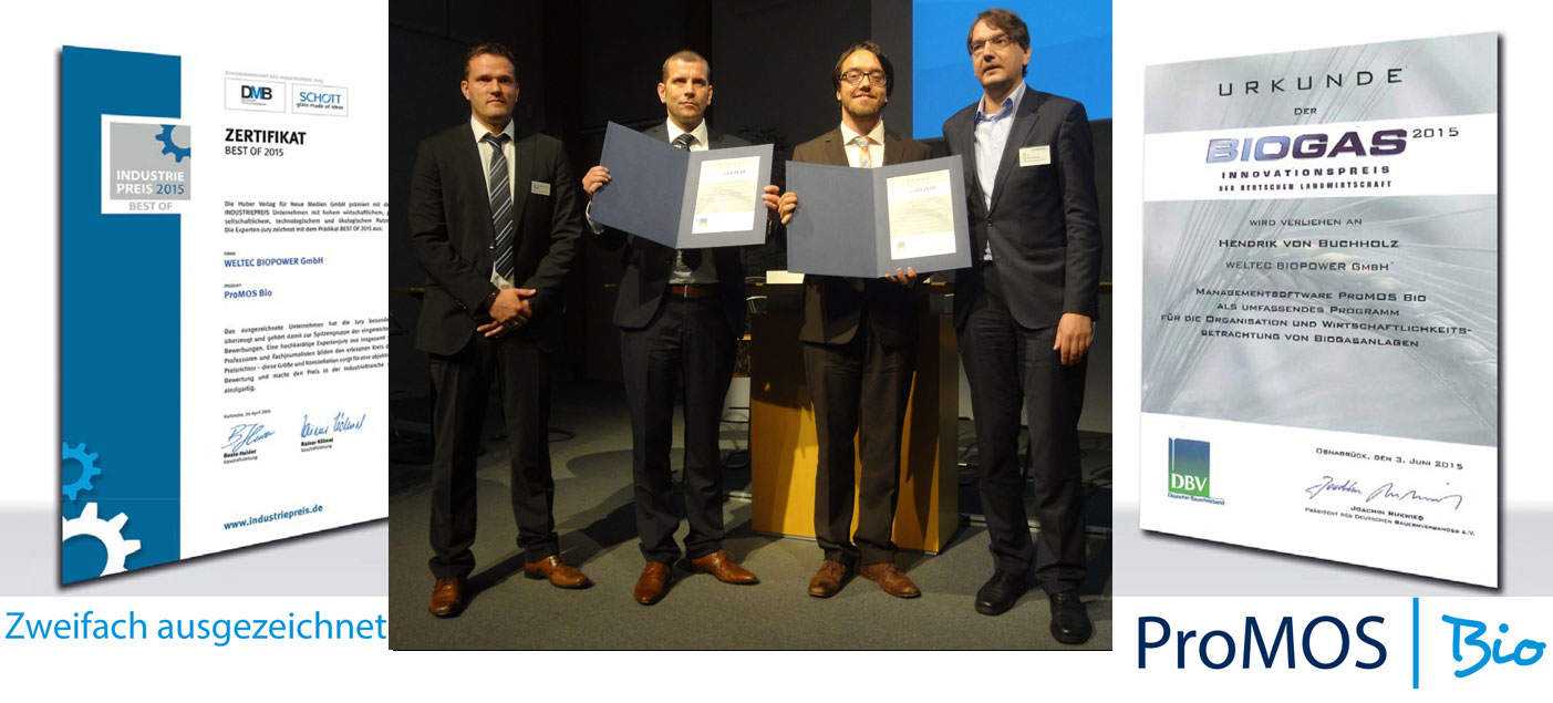 v.l.n.r.: Hendrik von Buchholz, Andre Zurwellen (beide WELTEC BIOPOWER), Eric Mauky, Gewinner des Wissenschaftspreises, Udo Hemmerling, stellvertretender Generalsekretär des Deutschen Bauernverbandes (DBV).