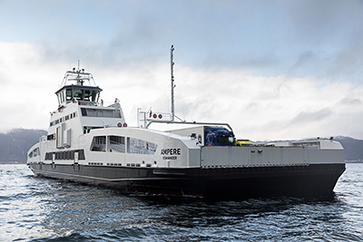 The first electric car and passenger ferry in the world, equipped by Siemens in cooperation with shipbuilder Fjellstrand, has been taken into operation. With three battery packs, one on board and one at each pier, it functions completely emission free.