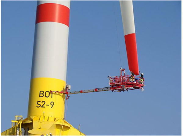 Die bislang konkurrenzlose Befahranlage ermöglicht es Servicetechnikern, mit einer anpassbaren Seilarbeitsbühne die Rotorblätter zu inspizieren und bei Bedarf auch auf hoher See beschädigte Bereiche direkt aufzuarbeiten.