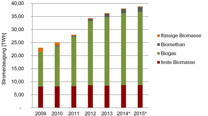 Stromerzeugung aus Biomasse im Rahmen des EEG, unterteilt nach Bioenergieträger, (BNETZA, 2011a, 2012a, 2013a, 2014a, 2014b), *Prognose DBFZ