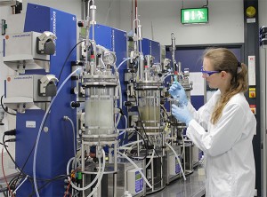 Fraunhofer stellt in seinen Fermentationsanlagen mit Synthesegas aus Stahlwerken Alkohol und Aceton her. Daraus lassen sich Kraftstoffe und Spezialchemikalien gewinnen. © Fraunhofer IME