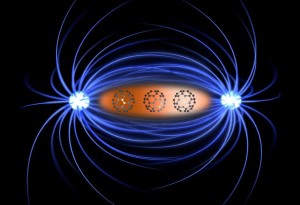Künstlerische Darstellung des Forschungsergebnisses: Die Kombination mit Kohlenstoff-60-Molekülen (so genannten Fussballmolekülen) macht das eigentlich unmagnetische Kupfer magnetisch. (Grafik: Universität Leeds und iStockPhoto)