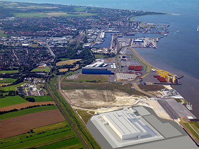 Die Fertigung soll auf einer Fläche von rund 170.00 Quadratmetern – rund 24 Fußballfeldern – direkt am Hafen entstehen. In der ersten Produktionsstätte für Offshore-Windkraftanlagen in Deutschland, die ab Mitte 2017 Betrieb geht, sollen bis zu 1.000 Arbeitsplätze entstehen. / Pressebild: Siemens