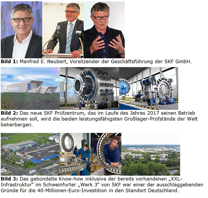 Am 14. Juli erfolgte auf dem Gelände des Schweinfurter „Werks 3“ von SKF der offizielle Spatenstich zum Bau des leistungsfähigsten Großlager-Prüfzentrums der Welt. Im Interview erläutert Manfred E. Neubert, Vorsitzender der Geschäftsführung der SKF GmbH, die Beweggründe für die 40-Millionen-Investition und warum Schweinfurt dadurch zu einer Art „Großlager-Metropole“ heranwächst.