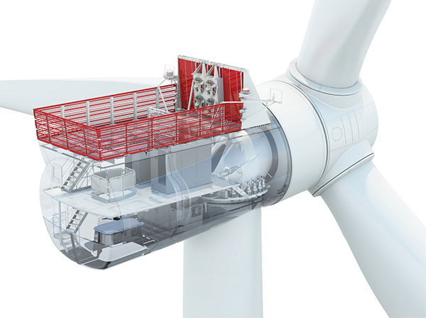 Die transparente Darstellung der Siemens D7 Windturbine zeigt den geräumigen Innenraum des Maschinenhauses. Auf zwei Ebenen bietet er Technikern bequemen Zugang zu sämtlichen Anlagenkomponenten. / Pressebild: Siemens