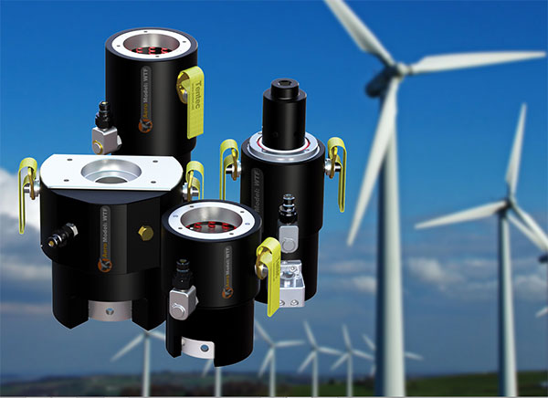 Mit den hydraulischen Vorspannzylindern von Atlas Copco können bei der Montage des Turmflansches einer Windkraftanlage Kräfte von 500.000 N aufgebracht werden. (Bild: Atlas Copco Tools)