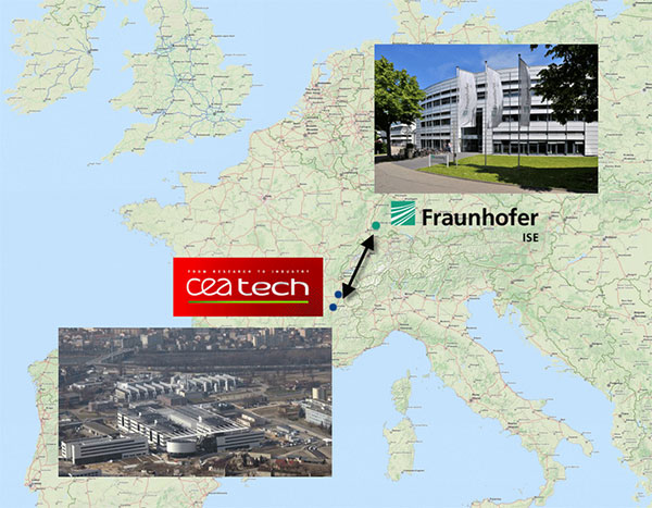 CEA Tech and Fraunhofer ISE be­treiben industrie­nahe Forschung im französisch-deutschen »Virtuellen Labor«. © Fraunhofer ISE, Kartendaten von OpenStreetMap - Veröffentlicht unter ODbL