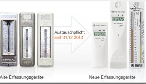 Links: Heizkostenverteiler mit Ampulle (veraltet), rechts: zukunftssichere Modelle mit Funk, kostengünstiger Heizkostenverteiler mit zwei Kapillaren