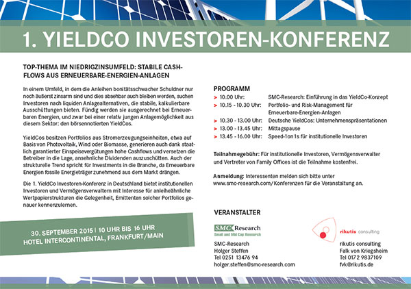 Premiere in Deutschland: Erste YieldCo-Investorenkonferenz / Flyer