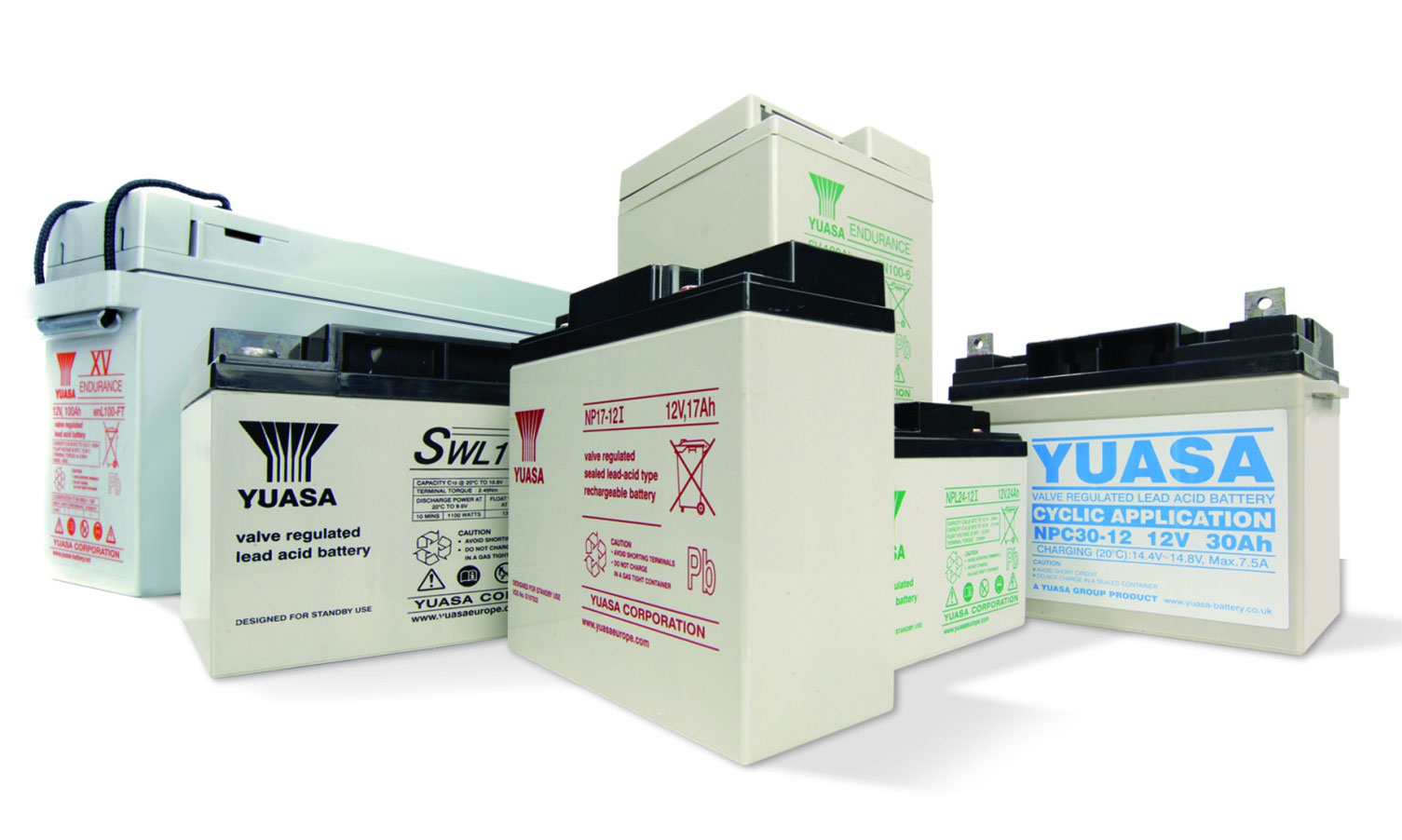 Bildunterschriften (Quelle: YUASA): Bild: Produktsortiment der YUASA-Batterien für industrielle Anwendungen.