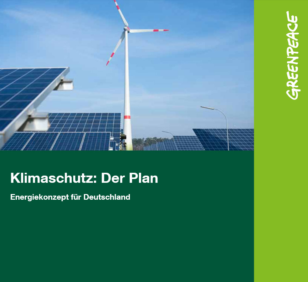 Klimaschutz: Der Plan Das Energiekonzept für Deutschland - mit der vorliegenden Studie aktualisiert Greenpeace das im Jahre 2007 erstmals als „Plan B“ veröffentlichte und zuletzt 2009 zum „Klimaschutz Plan B 2050“ erweiterte Szenario eines nahezu vollständig CO2-freien Deutschland.