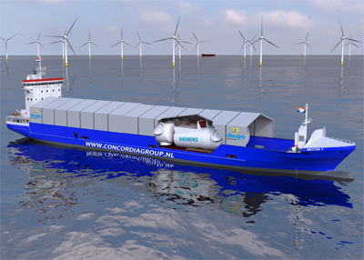 Neues Transportschiff für Siemens-Offshore-Windenergieanlagen - Ab 2017 will Siemens sein neues Werk Cuxhaven per Schiff mit den internationalen Installationshäfen in der Nordsee verbinden. / Copyright: Deugro