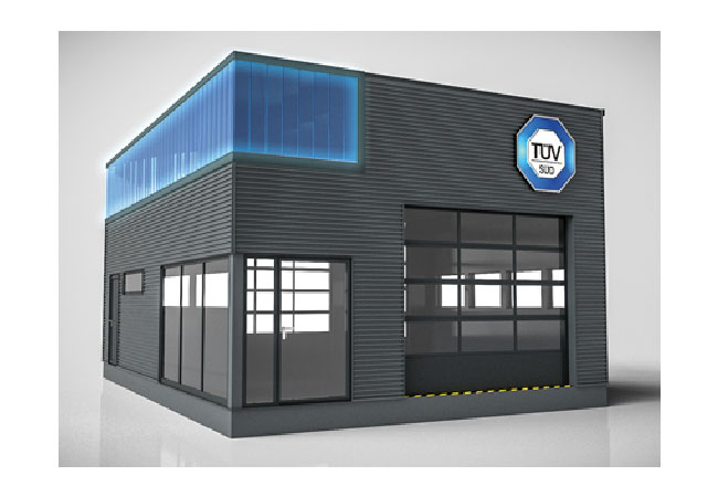 Bildtext: TÜV SÜD Blue Box: Die modulare Prüfstelle steht der klassischen Prüfstelle in technischer Ausstattung und Funktionalität in nichts nach.
