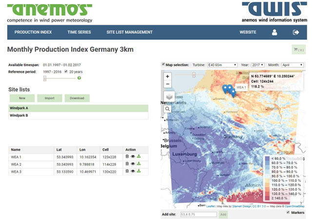 Pressebild: Den Zugang zu den Windatlanten und den daraus entwickelten Produkten (Index, Vereisungskarte, Zeitreihen und Statistiken, …) wird über das anemos wind information system AWIS zur Verfügung gestellt.