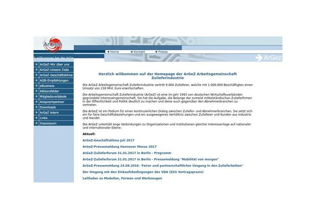 Homepage der ArGeZ Arbeitsgemeinschaft Zulieferindustrie