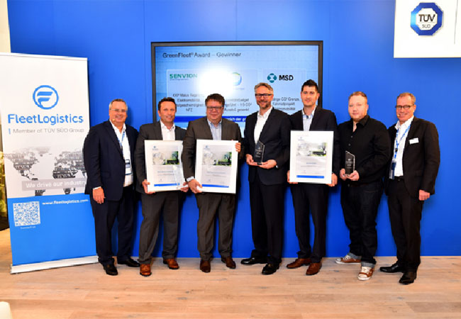 Bildunterschrift: Die Gewinner des GreenFleet®-Awards Von links nach rechts: Arnd Martin (Fleet Logistics), Michael Müller (Daiichi Sankyo Europe GmbH), Werner Stenger, Jens Edler (beide MSD Sharp & Dohme GmbH), Philipp Hemjeoltmanns, Patrick Wendt (beide Senvion GmbH), Dr. Jörg Löffler (Fleet Logistics).