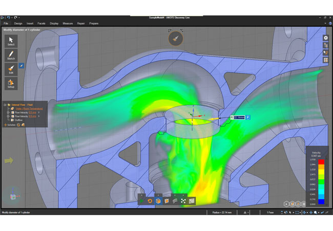 ANSYS Discovery Live: Die Strömungsanalyse zeigt direkt das Verhalten beim Verändern der Durchflussöffnung.