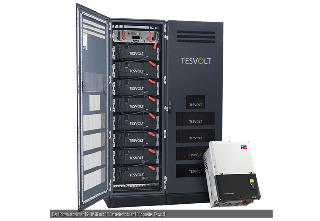Pressebild: Der Hochvoltspeicher TS-HV 70 mit 16 Batteriemodulen (Bildquelle: Tesvolt)