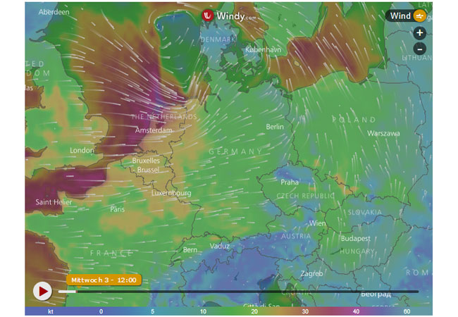 Das IWR greift auf die Internetseite www.windy.com zurück, auf der nicht nur die Windstärke sondern auch Luftdruck, Niederschlag und vieles mehr dargestellt wird. Diese Seite wurde ursprünglich für die Schiffahrt erstellt.