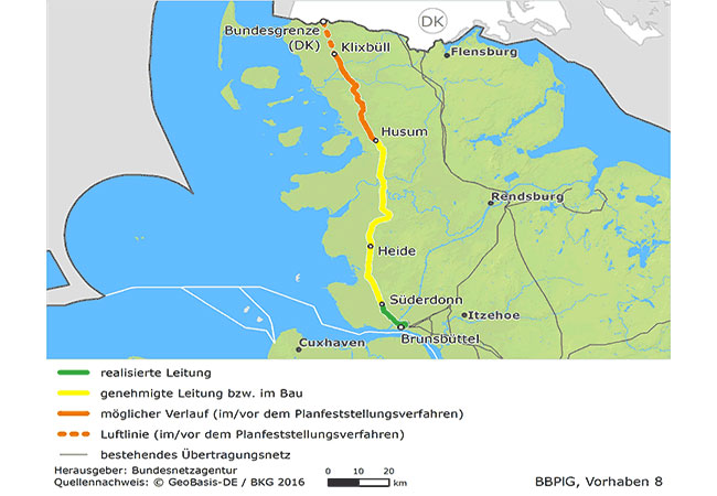 Pressebild: Westküstenleitung: Geplanter Verlauf der rund 138 Kilometer langen Wechselstromverbindung von Brunsbüttel bis in die Nähe von Esbjerg in Dänemark.