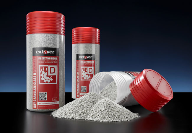 Pressebild: Extover® Speziallöschmittel für Lithium-Batteriebrände und Metallbränder / Copyright: Dennert Poraver GmbH