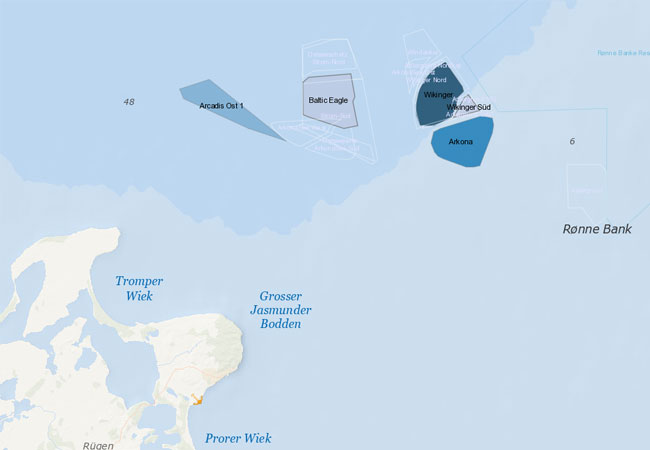 Pressebild: Der Windpark Arcadis Ost 1 wird genug Energie erzeugen, um 290.000 Haushalte zu versorgen. Das Projekt liegt ca. 19 km nordöstlich der Insel Rügen, innerhalb der 12-Seemeilen-Zone.