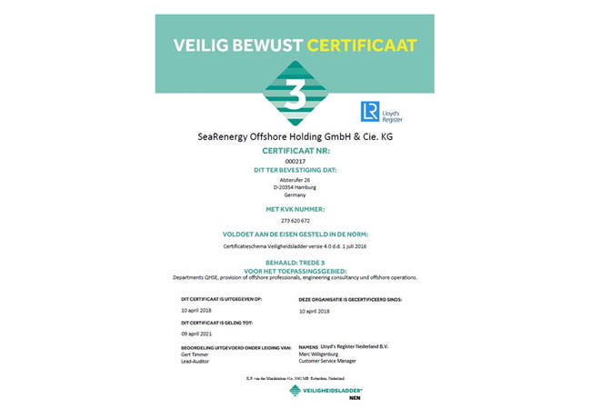 Pressebild: SeaRenergy achieves stage 3 of the Safety Culture Ladder