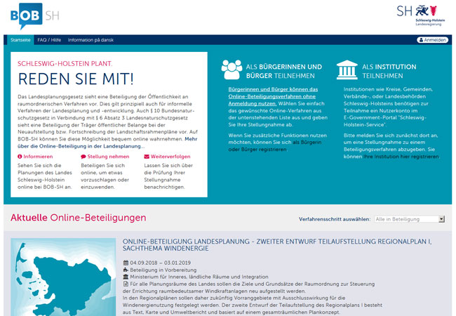 PB: Schleswig-Holstein plant.Reden Sie mit! Das Landesplanungsgesetz sieht eine Beteiligung der Öffentlichkeit an raumordnerischen Verfahren vor. Dies gilt prinzipiell auch für informelle Verfahren der Landesplanung und -entwicklung. Auch § 10 Bundes­natur­schutz­gesetz in Verbindung mit § 6 Absatz 3 Landes­natur­schutz­gesetz sieht eine Beteiligung der Träger öffentlicher Belange bei der Neuaufstellung bzw. Fort­schreibung der Land­schafts­rahmen­pläne vor. Auf BOB-SH können Sie diese Möglichkeit bequem online wahrnehmen. Mehr über die Online-Beteiligung in der Landesplanung…