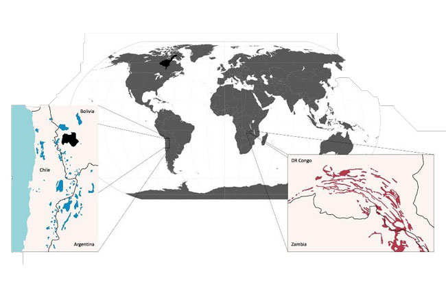 PB: Regionen mit hoch konzentrierten Reserven: das „Lithium-Dreieck“ in Südamerika und, für Kobalt, der „Kupfergürtel“ in Zentralafrika. (Abbildung: Nature Reviews Materials ©Macmillan Publishers Limited)