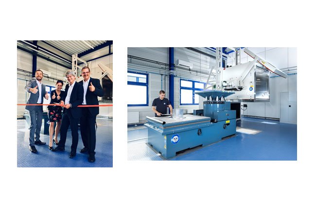 Bildunterschriften: - Neueröffnung des TÜV SÜD-Labors in Mannheim (v.l.n.r.): Karl Meier, Bereichsleiter Transportation, Tanja Metzner, Leiterin Service Line Deutschland, Dr. Peter Havel, CEO, und Haridimos Mountogianakis, Laborleiter, alle TÜV SÜD Product Service GmbH. - Alleinstellungsmerkmal: Shaker mit 111 kN und Temperaturkammer im TÜV SÜD-Labor in Mannheim.