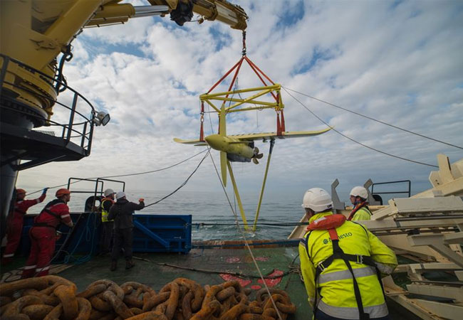 Photographer: Minesto Minesto's marine energy converter DG500 during the commissioning and test program in Holyhead Deep, Wales