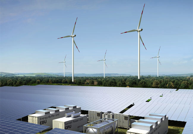 PB: Das Hybridkraftwerk kombiniert Photovoltaik, Wind- und Dieselgenerator. (© Belectric GmbH)