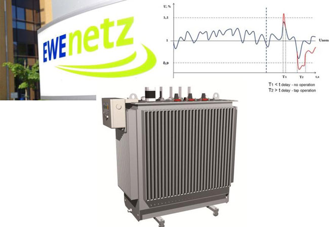 PB: o.l. Herkömmliche Ortsnetztransformatoren können die Versorgungsspannung im Betrieb nicht selbsttätig anpassen und die Spannungsschwankungen durch den Einsatz erneuerbarer Energiequellen nicht abfangen. Mit dem transforma.smart bietet Ormazabal einen regelbaren Ortsnetztransformator (RONT), der genau das ermöglicht. Foto: Ormazabal GmbH / o.r. : Diagramm der Spannungsschwankungen mit Angabe der Umschaltzeiten des OLTC-Laststufenschalters, wie ihn Ormazabal für seinen RONT transforma.smart entwickelt hat. Foto: Ormazabal GmbH / unten: Herkömmliche Ortsnetztransformatoren können die Versorgungsspannung im Betrieb nicht selbsttätig anpassen und die Spannungsschwankungen durch den Einsatz erneuerbarer Energiequellen nicht abfangen. Mit dem transforma.smart bietet Ormazabal einen regelbaren Ortsnetztransformator (RONT), der genau das ermöglicht. Foto: Ormazabal GmbH