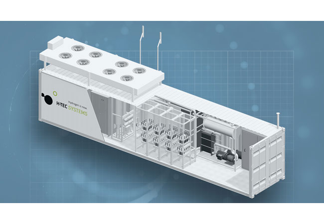 PB: Der PEM-Elektrolyseur ME 450/1400 ist mit einer nominalen elektrischen Leistung von 1 MW in einer 40 Fuß-Containerlösung (ca. 12 m x 3 m x 3,5 m) verfügbar; er gehört zur Series-ME von H-TEC und ist in der Megawatt-Klasse der derzeit leistungsstärkste Elektrolyseur im Produktangebot. / Foto/Bildrechte: H-TEC SYSTEMS