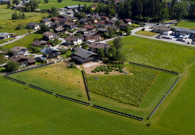 PB: Solarzaun 1: Der bifacialen Solarzaun bietet den Tieren Schutz vor Greifvögeln. Im Schatten der Module sind bspw. Hühner nur schwer aus der Luft zu erkennen. © Next2Sun GmbH