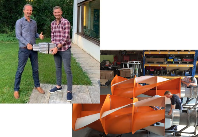 PB: Rolf Hoffmann (CEO LuvSide) und Johannes Stuck (Head of Business Development, SINN Power) mit dem PowerTrain 3.4. / Die LuvSide Vertikalläufer in den Vorbereitungen zum Aufbau. (Bild: LuvSide)