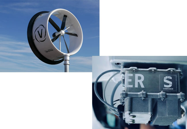 PB: Die 3.ZERO Windturbine mit Fowler-Technologie von Venturicon mit 3 kW Nennleistung (Foto: Venturicon) & Der SINN Power MotorDrive 3.4 (Foto: SINN Power)