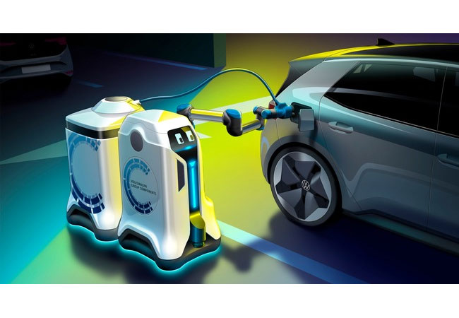 PB: Der mobile Laderoboter der Volkswagen Group Components bringt einen Anhänger als fahrbaren Energiespeicher zum Fahrzeug* / Quellenangabe: "obs/Volkswagen Konzern Komponente/Volkswagen Group Components" / Bildrechte:Volkswagen Konzern Komponente / Fotograf: Volkswagen Group Components