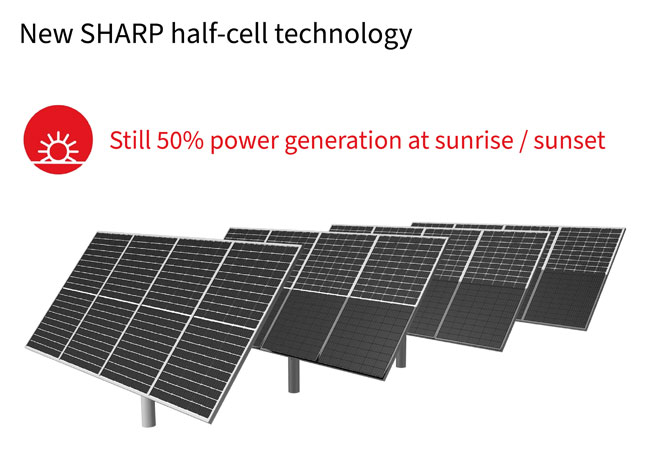 PB: Im Gegensatz zu Vollzellenmodulen können Halbzellenmodule mit der oberen Modulhälfte noch 50% Energie erzeugen, wenn die untere Hälfte verschattet ist. / Bild: Sharp