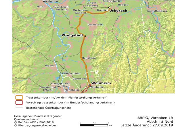 PB: Der Abschnitt zwischen Urberach in Hessen und Wein­heim in Baden-Württem­berg bildet den nördlichen Abschluss des Vorhabens 19. Er liegt innerhalb der Regelzone des Übertragungsnetzbetreibers Amprion.