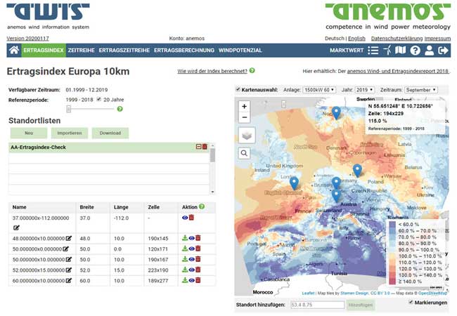 PB: Webansicht Ertragsindex Europa 10km © anemos Gesellschaft für Umweltmeteorologie mbH