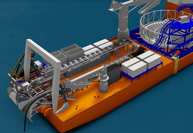 PB: Normand Clippee - The charter gives Global Offshore options for up to eight years. A 3D model of the Normand Clipper's back deck in array cable installation mode © Global Offshore