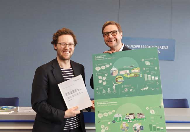 PB: Wie sieht der Weg zur Klimaneutralität Schleswig-Holsteins 2050 aus? EKSH-Geschäftsführer Stefan Sievers (re.) übergibt eine neue Studie mit zwei möglichen Szenarien an Energiewendeminister Jan Philipp Albrecht. Auf der Tafel sind zentrale Ergebnisse der Szenarien ins Bild gesetzt worden.