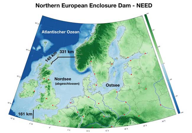 PB: Karte der Nordsee mit den beiden vorgeschlagenen Dammprojekten. Nach Groeskamp / Kjellsson, 2020).