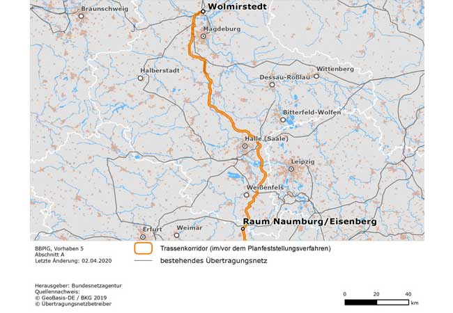 PB: Der Abschnitt zwischen dem Umspann­werk Wolmir­stedt in Sachsen-Anhalt und dem Raum Naumburg / Eisenberg (Sachsen-Anhalt/Thüringen) ist Teil des Vorhabens 5 und bildet dessen nördlichen Abschluss.