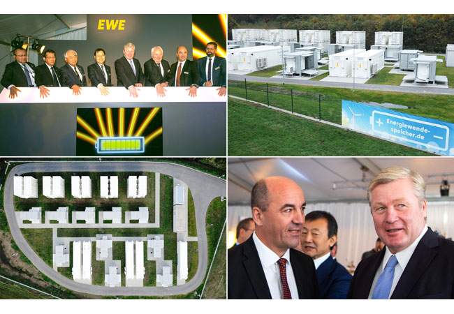 Illustration: s. Anlage, Bildunterschrift: Zur feierlichen Inbetriebnahme des Batteriespeichers (oben links) kamen die japanischen und deutschen Vertragspartner in Varel zusammen (unten rechts: Nds. Wirtschaftsminister Dr. Bernd Althusmann (r.) mit EWE-Vorstandsvorsitzender Stefan Dohler). Anschließend absolvierte die „Energiewendebatterie“ 18 Monate lang erfolgreich und wie geplant ihren Demonstrationsbetrieb (oben rechts / unten links). Nun wurde sie von den japanischen Partnern offiziell übergaben – wegen der internationalen Infektionsschutzregelungen ohne ein erneutes, offizielles Zusammentreffen. EWE wird den Hybridgroßspeicher weiterbetreiben und zum Stabilisieren des Stromnetzes einsetzen.
