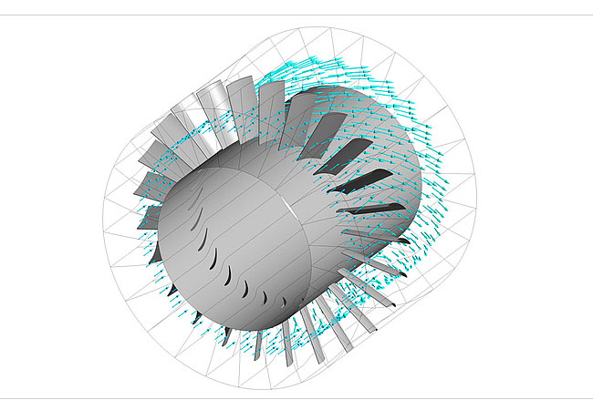 PB: Das Team der LUH kümmert sich im Rahmen des Projektes um die numerische Strömungssimulation. Dieses Simulationsbild zeigt die Strömung durch ein axiales Schaufelgitter: Eine Mischung aus Wasserstoff, Stickstoff und Wasserdampf strömt durch ein Bauteil des Rezirkulationsgebläses, das vor dem Verdichter sitzt und dazu dient, den Anströmwinkel für das Laufrad anzupassen. / LUH/TFD