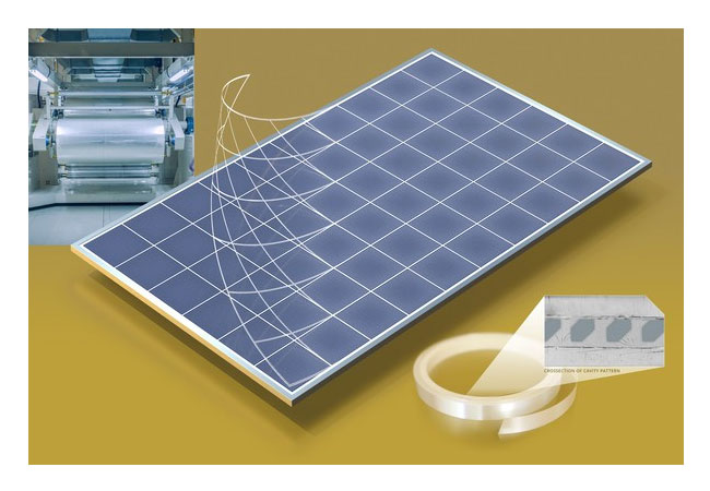 PB: Funktion der SEO-Folie: Die höhere Absorption und die effektive Weiterleitung des Lichts an die Solarzelle resultiert in einem erheblich höheren Energieertrag.