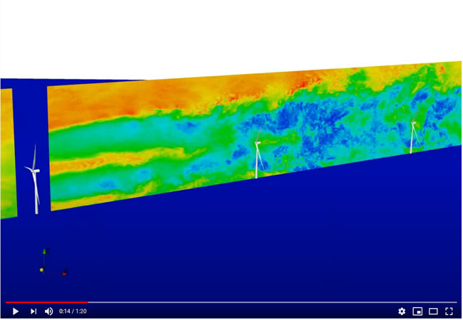 Video: Here is a supercomputing simulation showing the instantaneous wind speed in a cross section involving three wind turbines operating in a line. The green and blue are low-speed, low-energy, highly-turbulent wind (called wake) after an upstream turbine extracts energy from the incoming wind. The orange and red are high-speed, high-energy free-stream wind above the height of the turbines. They’re being drawn into the area below to replenish the wake. These are the types of simulations that GE scientists - led by GE Research Aerodynamics Engineer Jing Li – will create to study coastal low-level jets, which produce a distinct wind velocity profile of potential importance to the design and operation of future wind turbines. Li has been granted access to the Summit supercomputer at Oak Ridge National Laboratory (ORNL) in Tennessee, through the U.S. Department of Energy’s (DOE) competitive ALCC (Advanced Scientific Computing Research Leadership Computing Challenge) program, to conduct these studies.