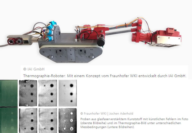 PB: © IAI GmbH Thermographie-Roboter: Mit einem Konzept vom Fraunhofer WKI entwickelt durch IAI GmbH. / © Fraunhofer WKI | Jochen Aderhold Proben aus glasfaserverstärktem Kunststoff mit künstlichen Fehlern im Foto (oberste Bildreihe) und im Thermographie-Bild unter unterschiedlichen Messbedingungen (untere Bildreihen).